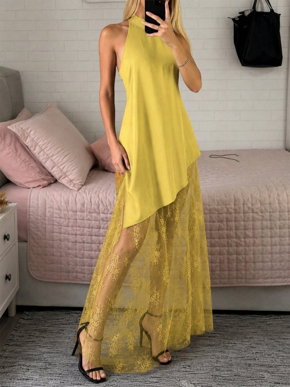 Yellow Casual Women's Sleeveless  Sheer Lace detailed A-Line Dress - Picture 6 of 6